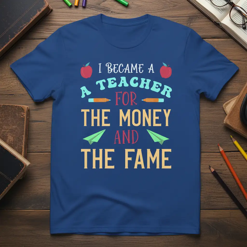 Humorous I BECAME A TEACHER FOR THE MONEY AND THE FAME quote design with teacher-themed graphics on a blue shirt