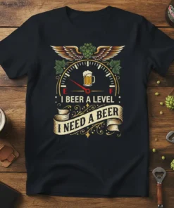 Funny "I BEER A LEVEL I NEED A BEER" quote t-shirt with a beer gauge graphic and wings design