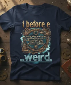 Navy t-shirt with "i before e Except when your foreign neighbor Keith receives eight counfruit beige sleighs from feisty caffehianted