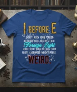 T-shirt with the detailed quote "I Before E Except When Your Foreign Neighbor Keith Receives Eight Foreign Eight Counterfeit Beige