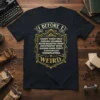 Black t-shirt with gold ornate text: "I BEFORE E EXCEPT WHEN YOUR FOREIGN NEIGHBOR KEITH RECEIVES EIGHT COUNTERFEIT BEIGE SLEIGHS