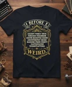 Black t-shirt with gold ornate text: "I BEFORE E EXCEPT WHEN YOUR FOREIGN NEIGHBOR KEITH RECEIVES EIGHT COUNTERFEIT BEIGE SLEIGHS