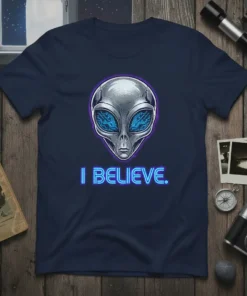 I Believe. text with glowing blue circuitry alien head graphic on a navy blue t-shirt