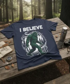 Navy blue t-shirt with white text "I BELIEVE" above a green Bigfoot graphic and forest design