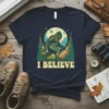 I BELIEVE Bigfoot t-shirt design with a retro style Bigfoot illustration under a full moon