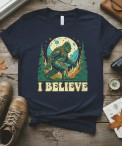 I BELIEVE Bigfoot t-shirt design with a retro style Bigfoot illustration under a full moon