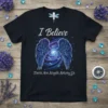 I Believe There Are Angels Among Us quote with blue angel wings and dragonflies on a black t-shirt