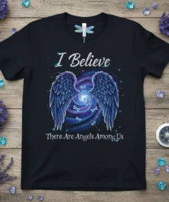 I Believe There Are Angels Among Us quote with blue angel wings and dragonflies on a black t-shirt