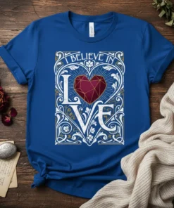 I BELIEVE IN LOVE text with a geometric heart graphic on a blue t-shirt, ornate white and gold border