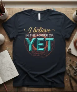 I believe IN THE POWER OF YET quote on a dark t-shirt with gold and teal lettering and a circular