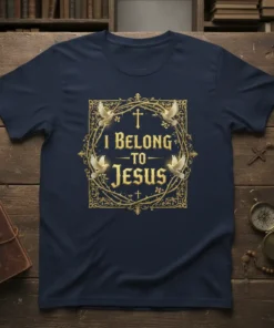Christian t-shirt with the phrase "I Belong To Jesus" in ornate gold lettering, surrounded by doves and crosses