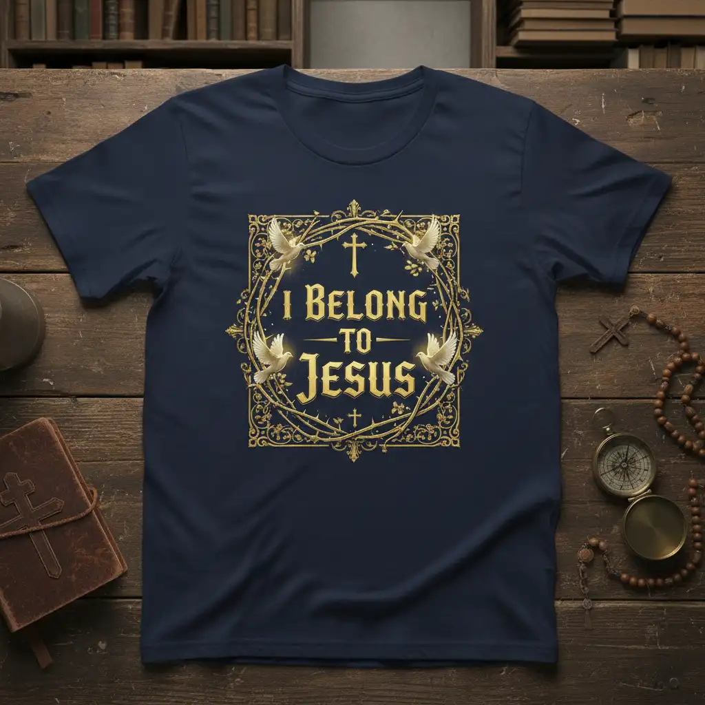 I Belong To Jesus Christian t-shirt design featuring ornate gold lettering and dove graphics