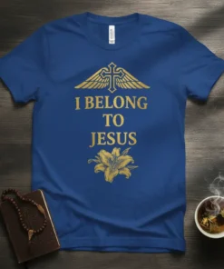Blue t-shirt with gold text "I BELONG TO JESUS" and gold wings with cross graphic above, and a gold lily