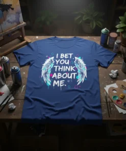 T-shirt with the text "I BET YOU THINK ABOUT ME." in white and pink, surrounded by stylized wings and colorful