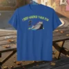 Blue t-shirt with "I Bird Harder Than You" text and a cartoon scooter rider on a ramp graphic