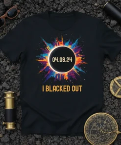 Black t-shirt with colorful solar eclipse graphic and text "I BLACKED OUT 04.08.24" for the total solar eclipse event