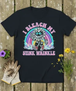 I Bleach My Stink Wrinkle quote with a retro cartoon sunflower character, rainbow, and crystals on a black t-shirt