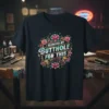 I Bleached My Butthole For This quote on a black t-shirt with floral and peach graphics