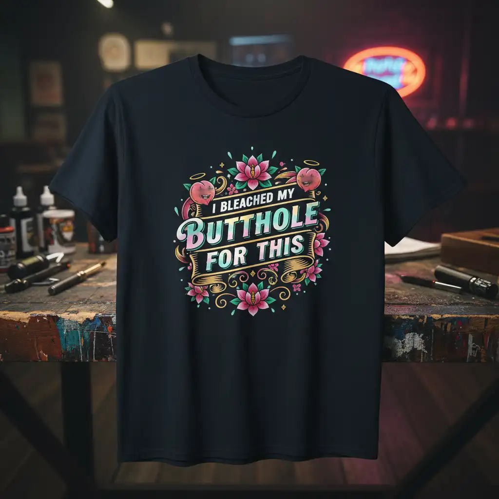 I Bleached My Butthole For This quote with floral and peach graphics on a black t-shirt