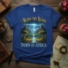 I Bless The Rains Down In Africa quote on a blue t-shirt featuring a dramatic lightning storm over mountains, giraffes