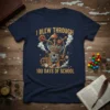Steampunk gumball machine graphic with text "I Blew Through 100 Days of School" on a navy t-shirt