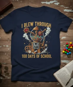 Steampunk gumball machine graphic with text "I Blew Through 100 Days of School" on a navy t-shirt