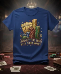 I Bought This Shirt With Your Money text on a poker-themed t-shirt with playing cards and poker chips