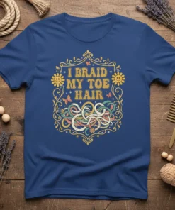 I BRAID MY TOE HAIR text in a decorative frame with sun graphics and colorful braided hair design