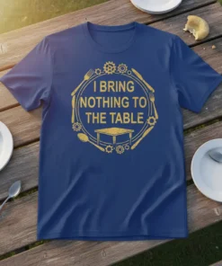 I Bring Nothing To The Table quote on a navy t-shirt, surrounded by cutlery and gears graphic