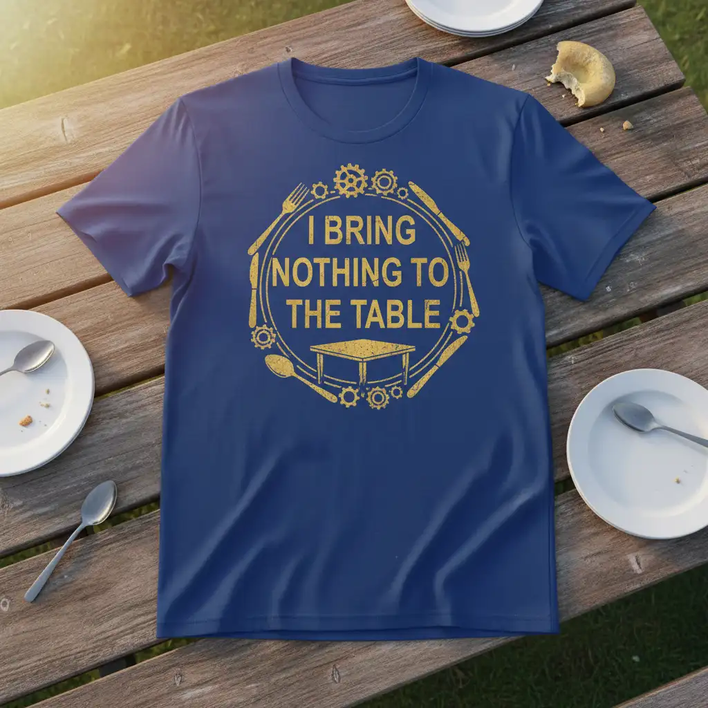 I Bring Nothing To The Table humorous quote and graphic design on a blue tee