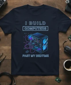 I Build Computers Past My Bedtime text with neon outline, featuring a detailed illustration of a glowing computer tower and