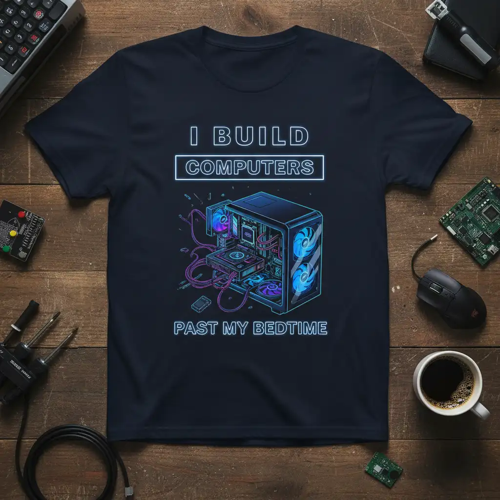 I Build Computers Past My Bedtime quote with detailed illuminated computer build illustration on a dark t-shirt
