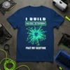 I BUILD NEURAL NETWORKS PAST MY BEDTIME quote on a navy blue t-shirt with a glowing green neural network graphic