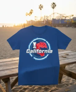 I California t-shirt design with a red bear silhouette and outline of California within a digital circle