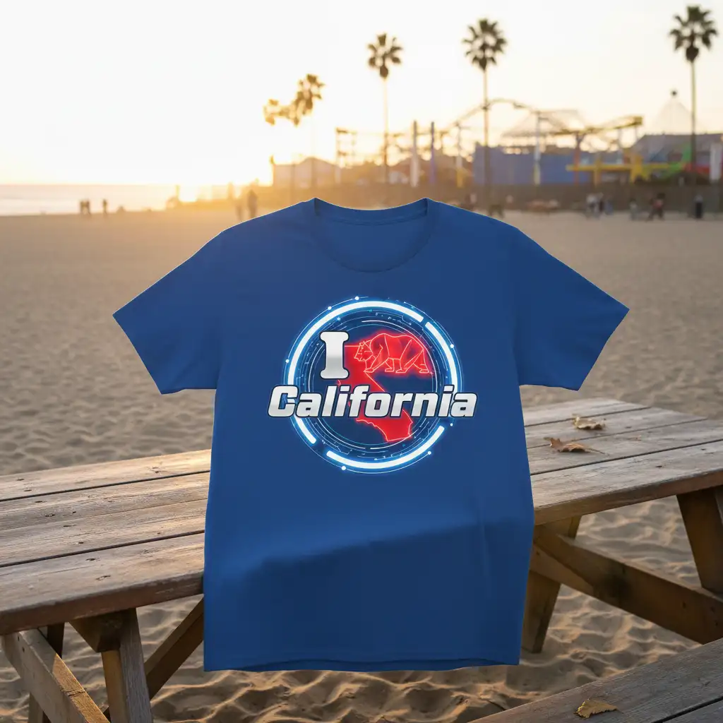 I California graphic tee featuring a red bear and state outline in a circular digital design