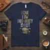 I Came I Saw I Had Anxiety So I Left quote on navy t-shirt with steampunk airship graphic