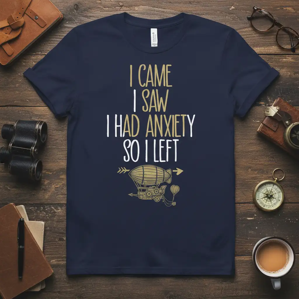I Came I Saw I Had Anxiety So I Left quote with steampunk airship graphic on a navy t-shirt