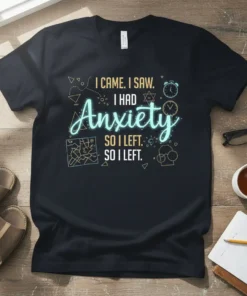 Black t-shirt with the quote "I Came. I Saw. I Had Anxiety So I Left. So I Left." in neon