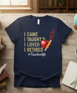Navy t-shirt with gold text "I Came I Taught I Loved I Retired #Teacherlife" and an illustration of an apple