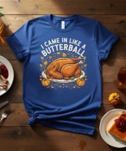 T-shirt with "I Came In Like A Butterball" text and a cartoon roasted turkey graphic surrounded by autumn leaves and