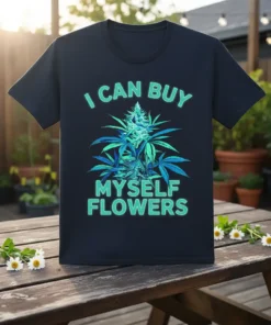Black t-shirt with "I Can Buy Myself Flowers" text and a detailed cannabis plant graphic in teal and blue