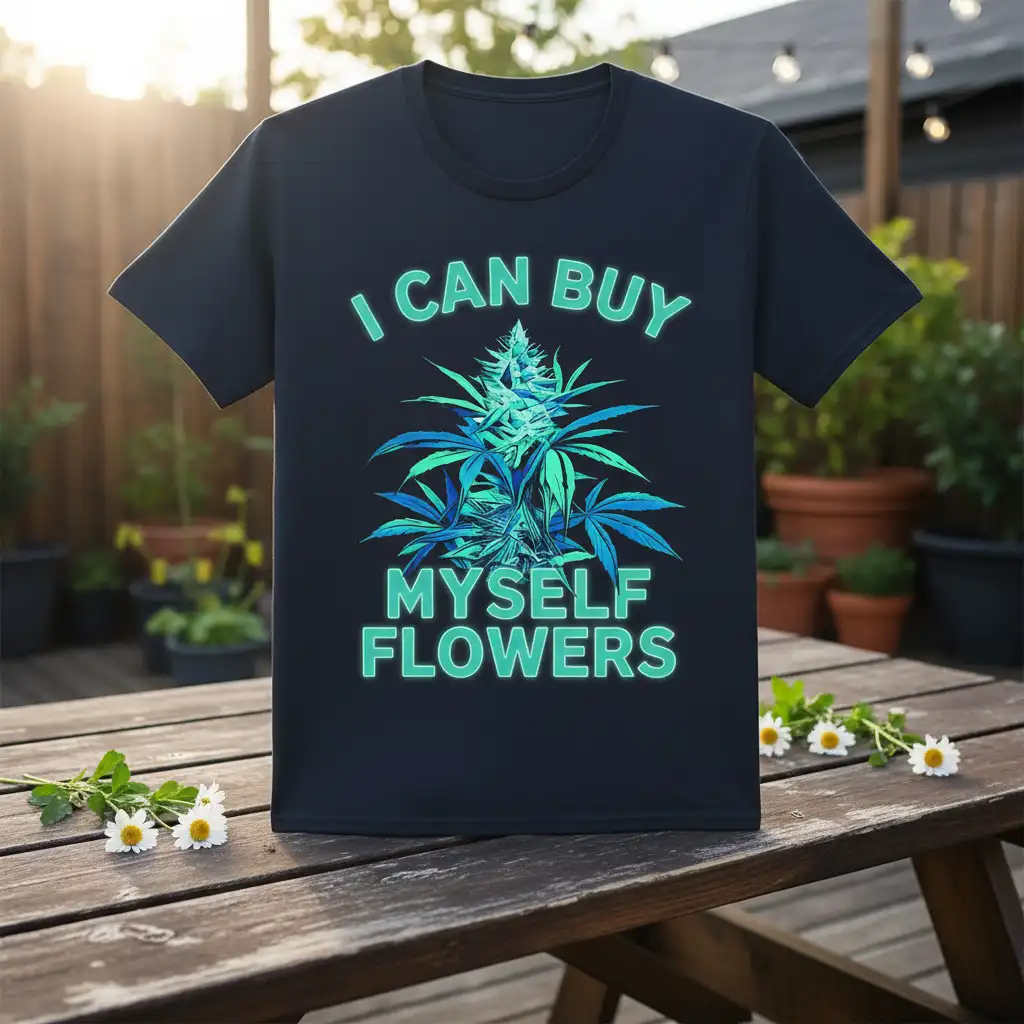 I Can Buy Myself Flowers quote with vibrant cannabis plant illustration on a dark t-shirt