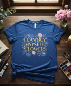 T-shirt with "I Can Buy Myself Flowers" quote in gold lettering, surrounded by delicate pink and white floral illustrations