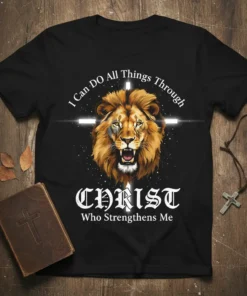 Christian t-shirt with "I Can Do All Things Through CHRIST Who Strengthens Me" quote and a powerful lion graphic