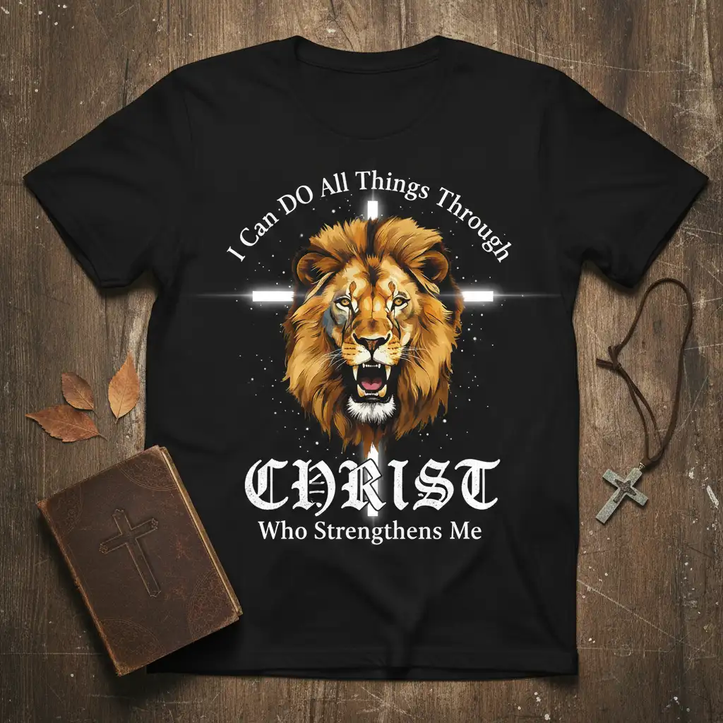 I Can Do All Things Through CHRIST Who Strengthens Me quote on black t-shirt with lion graphic and cross detail