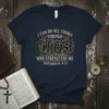 I CAN DO ALL THINGS THROUGH Christ WHO STRENGTENS ME Philippians 4:13 quote on a navy t-shirt design