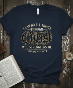 I CAN DO ALL THINGS THROUGH Christ WHO STRENGTENS ME Philippians 4:13 quote on a navy t-shirt design