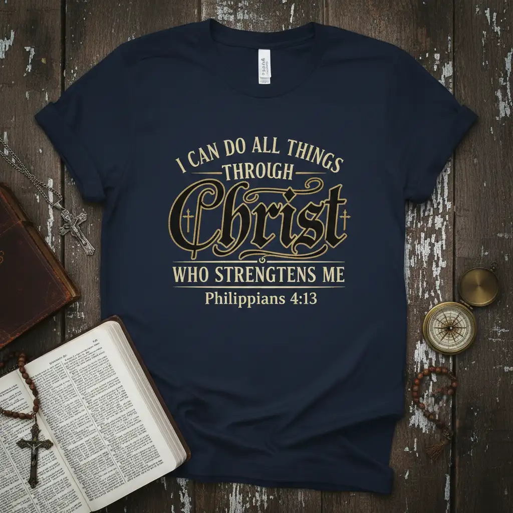 I CAN DO ALL THINGS THROUGH Christ WHO STRENGTENS ME Philippians 4:13 scripture text on navy shirt