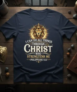 Christian t-shirt with "I Can Do All Things Through Christ Who Strengtens Me" and Philippians 4:13 scripture, featuring a crowned