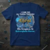 T-shirt with "I CAN DO ALL THINGS THROUGH Christ Who Strengthens Me Hydrocephalus Warrior" quote and intricate blue and gold